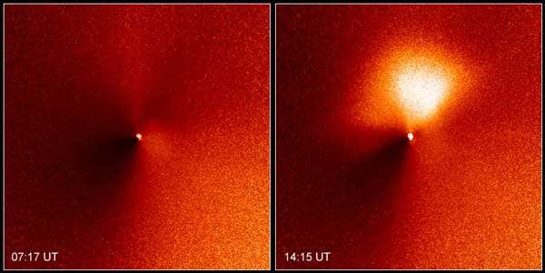 Gas jets shoot from Deep Impact's target