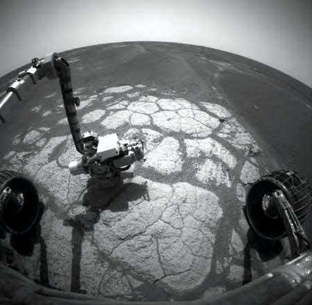 Opportunity has reached its first oasis of bedrock after five months of roving along the troughs of sand dunes 