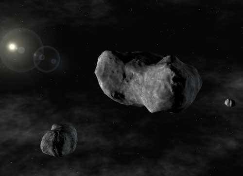 Asteroid 87 Sylvia is 280 kilometres wide and lies about 3.5 times further from the Sun than the Earth does (Artist's impression: European Southern Observatory)