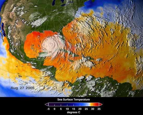 This image from the AMSR-E instrument on NASA's Aqua satellite shows the average sea surface temperatures from August 25 to 27. Areas in yellow, orange or red represents 28°C (82°F) or above – enough to enable a hurricane to strengthen