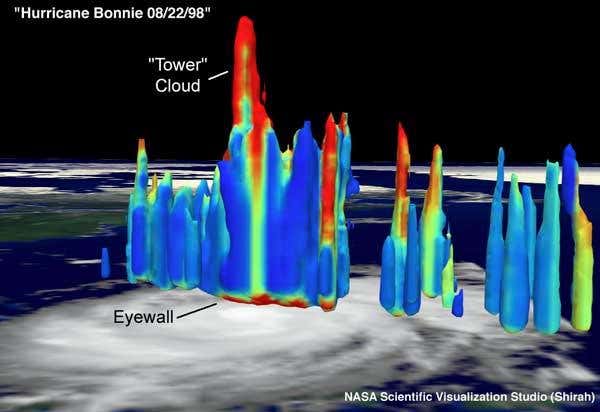 A particularly tall hot tower was spotted by the TRMM satellite above Hurricane Bonnie in August 1998
