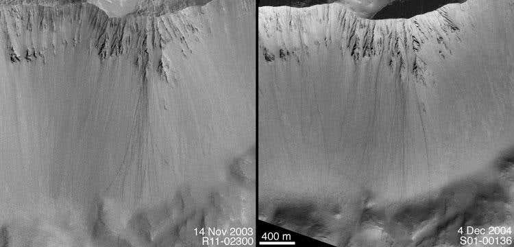 One set of boulder tracks in a crater wall was seen in November 2003 (left) but by December 2004 there were more than a dozen new tracks (right)