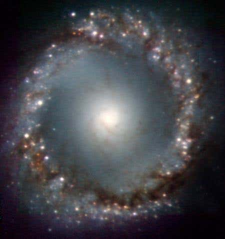 More than 300 star-forming regions are distributed along a ring of dust and gas in this image, which shows the central 5500 light years of NGC 1097. The bright glow at the centre is caused by a colossal black hole gobbling up its surroundings 