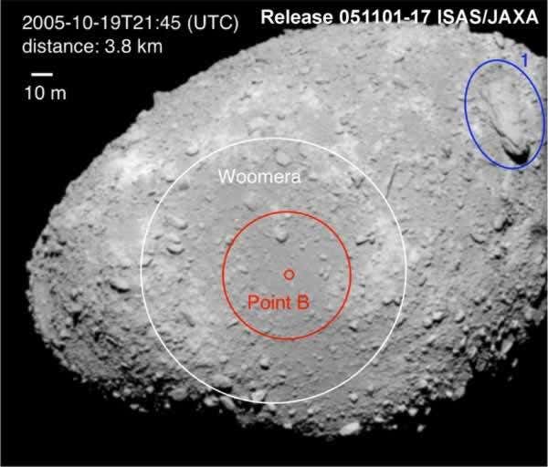 The second sampling will take place on 25 November from a broad, flat region (circled in red) on the asteroid's tip, dubbed the Woomera Desert. A giant boulder is circled in blue