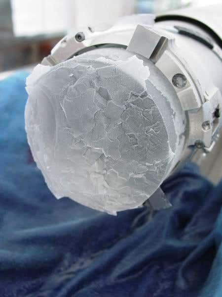 Drill head and ice core from a depth of 2874 metres - this section was drilled in November 2002
