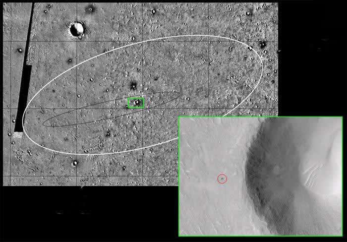 The candidate crater is marked (red) on the inset area, which is a detail of the region marked green on the main image. The white ellipse is the 140-km long targeted landing area 
