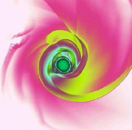 When the disc is mostly vaporised, strong spiral shocks, shown here, form in the disc, causing the gas to slow down and fall to Earth rather than form a moon 