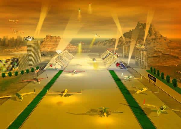 A computer simulation captures the anticipated spectacle of Rocket Racing