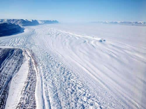 The Petermann Glacier, north Greenland in April 2002 – in the last five years Greenland's glaciers have almost doubled the rate at which they dump ice into the ocean
