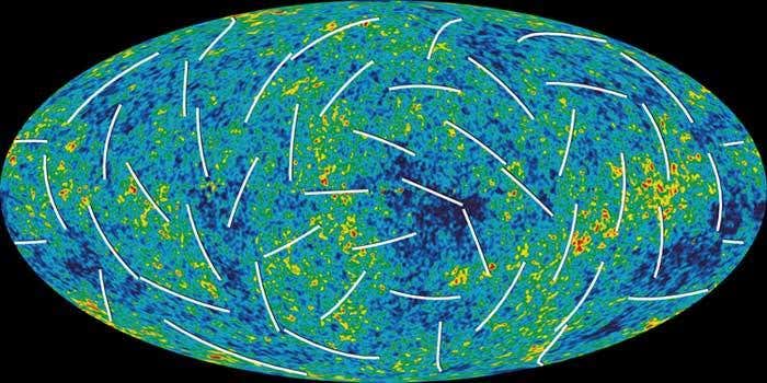 The white bars on this new, more detailed map of the infant universe show the polarisation direction of the oldest light, which provides clues about events in the first trillionth of a second of the universe