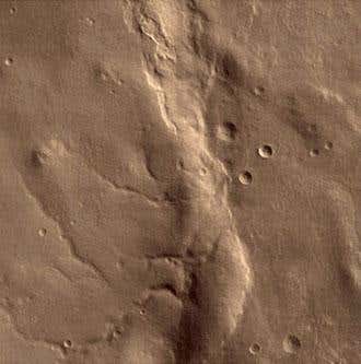 The morning Sun cast shadows on the planet that allowed scientists to determine the relative height of surface features - the range of elevations in this 20-kilometre-wide region is 1.6 kilometres 