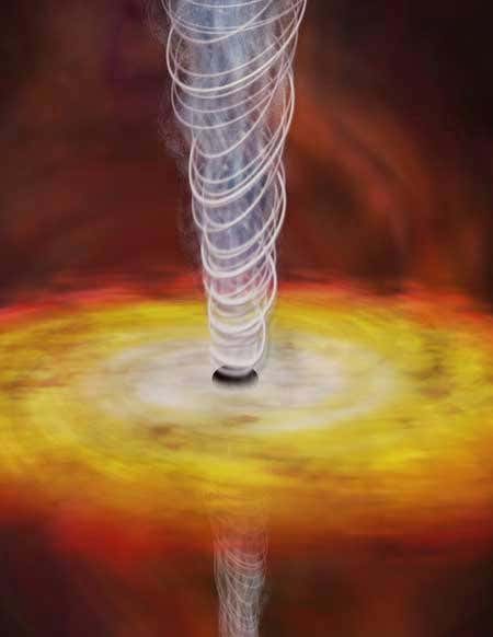 Jets of high-speed particles may be powered by magnetic fields and either the rotation of matter swirling around a black hole, the spin of the black hole itself, or both