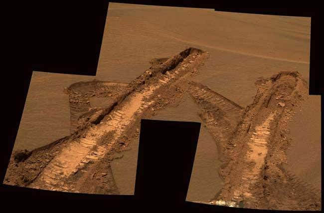 Tracks show where Opportunity was mired in a sand dune for a week in late May and early June 