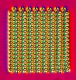 280 silica beads arranged in a grid-like formation in liquid crystal 