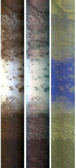 Three views of the same strip of Mars's northern polar region, taken by the CRISM instrument, show visible light (left) and different combinations of infrared wavelengths. In the right-hand strip, ice appears blue and dust yellow