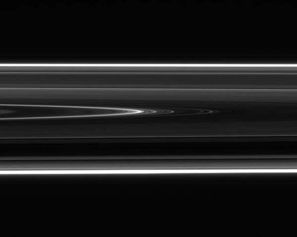 The edge of the D ring is seen at the centre of this image, showing a banded structure that has gradually became more finely spaced since it was first detected by Hubble in 1995