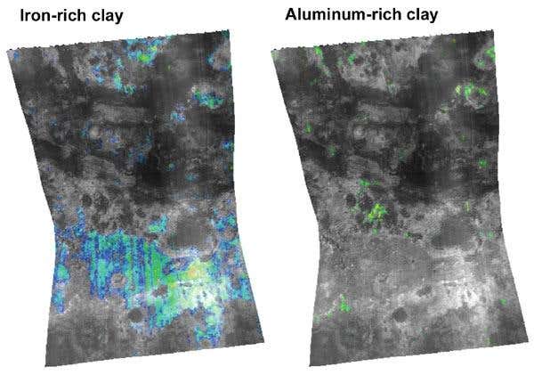 Different types of clay are revealed near a channel called Mawrth Vallis, 25 degrees north of Mars's equator, in these false colour images from CRISM. Blue and green indicate iron-rich clay in the image at left. The same colours highlight aluminum-rich clay on the right. Both clays are thought to have formed with the help of water
