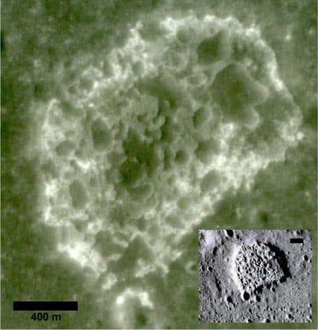 The contrast between smooth mounds and bright hilly regions inside the D-shaped Ina depression (inset) are so sharp researchers say Ina could not have formed by an impact