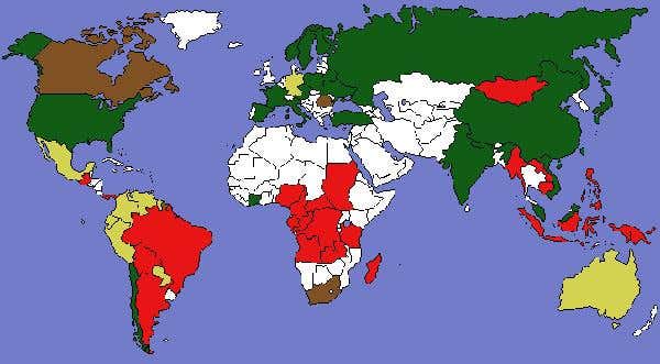 Growing stock change between 1990 and 2005; green indicates countries that gained growing stock, red countries lost growing stock, brown experienced no change. There was insufficient data for nations in yellow (Graphic: University of Helsinki)