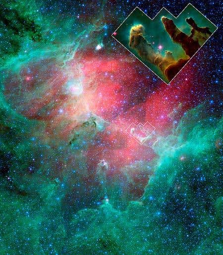 The Hubble Space Telescope made icons of the Eagle Nebula's pillar-like clouds of dust and gas in 1995 (inset) 