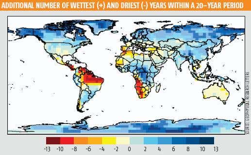 Additional number of wettest (+) and driest (-) years within a 20-year period
