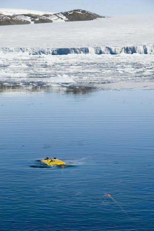 The remote-controlled submarine emerges after a trip under the ice