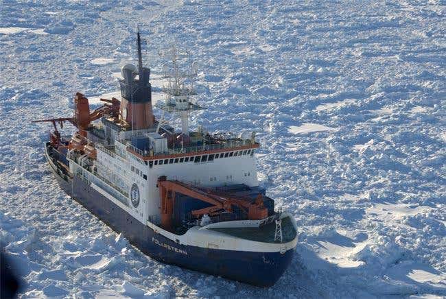 The research vessel Polarstern cruises through ice