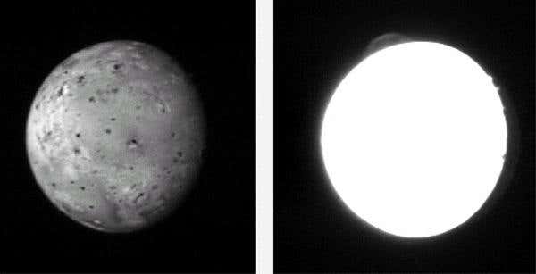 The moon Io (left) is the most volcanically active body in the solar system. A plume from its volcano Tvashtar is seen near the top of the right-hand image. The bright spots on the right side of the moon are tall mountains