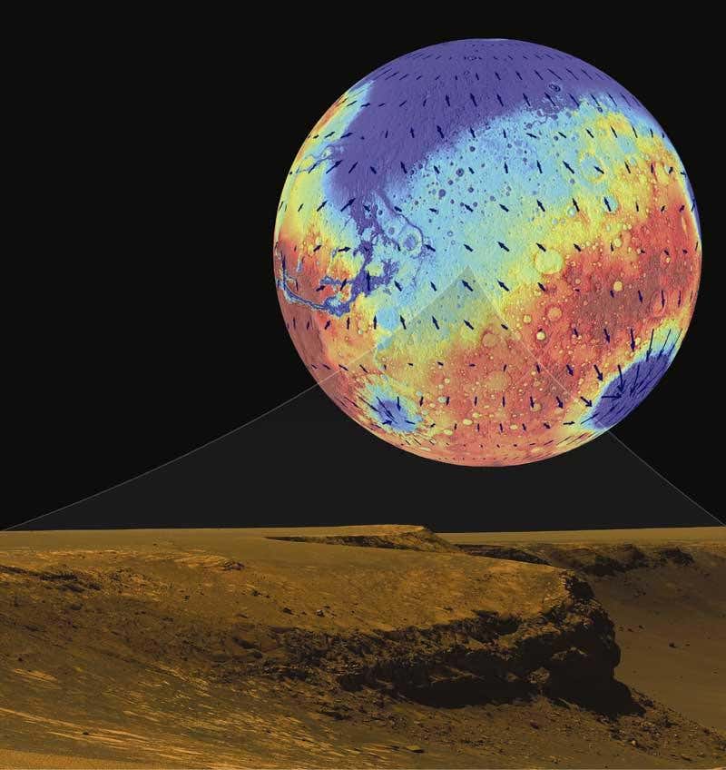 Patterns of groundwater flow (arrows) show the water should surface at Meridiani Planum (centre of globe), producing layered sediments seen by the Opportunity rover (bottom) (Illustration: J C Andrews-Hanna/R J Phillips/M T Zuber and NASA/JPL/Cornell)