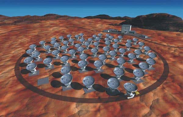 ALMA, based in Chile's Atacama desert, will use up to 64 antennas when it is finished in 2012 (Illustration: NRAO/AUI and ESO)