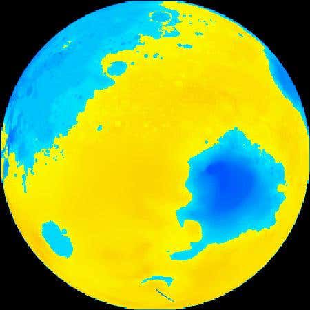 Mars's southern hemisphere is higher and more heavily cratered than the northern hemisphere, suggesting it is older terrain. The two low elevations (blue) in this map, which is centred on the southern mid-latitudes, are the impact basins Argyre and Hellas (Illustration: Mike Caplinger/MSSS)