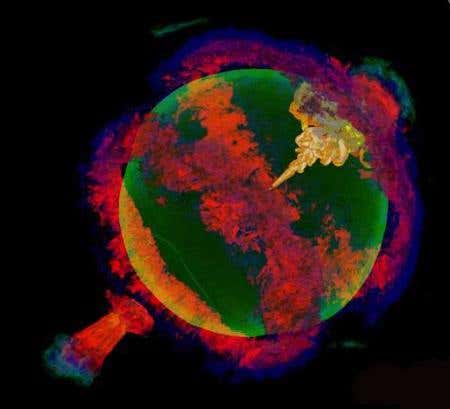 When the spike of nuclear burning from the core punches through the surface of the star (top), it crashes back down due to the star's gravity. There, it flows around the star, clashing with itself around the back to launch one jet into space at 30,000 km/second (bottom) and another piercing down into the star itself. That generates temperatures of more than 3 billion° Celsius, which is hot enough to detonate the doomed star (Illustration: Lamb group/U of Chicago)