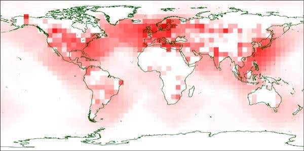 The worst places for an asteroid to strike in terms of infrastructure damage are shown here in red, with the north Atlantic appearing prominently (Illustration: Nick Bailey et al/University of Southampton)