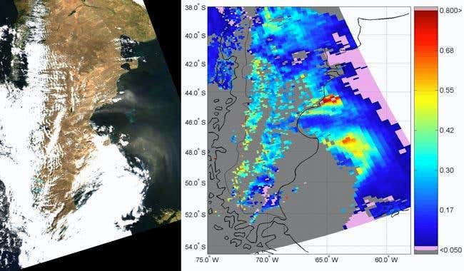 Satellite pictures (left) shows that brown dust plumes can extend at least 600 km over the Southern Ocean (brownish colour) from Patagonia; measurements of the amount of dust in the atmosphere shows it is comparable to what would be produced in very dusty regions such as the Sahara desert 