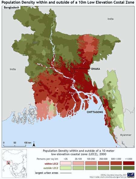 Most of Bangladesh is at high risk from flooding, sea-level rises, and stronger storms due to climate change. Areas in red are 10m or less above sea-level, areas in green are higher, and darker colours indicate denser populations 