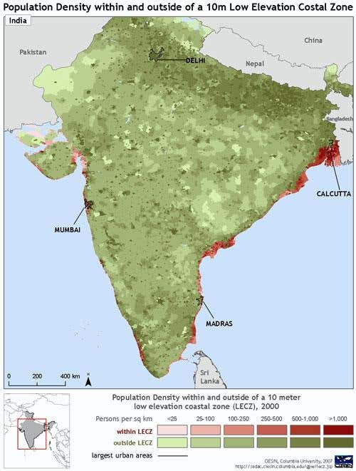In India, Calcutta stands out as a large, low-elevation city 