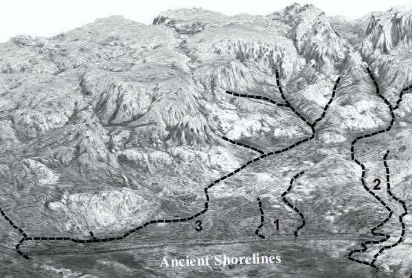 This image, modelled using satellite radar data, shows the hills that surround the ancient lake, and a few ancient rivers (dotted lines)