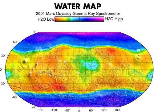 Mars Odyssey's neutron detector showed that ice is mostly hidden near the planet's north and south poles, but it could not resolve details smaller than about 500 kilometres across 