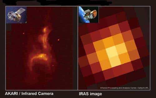 The AKARI satellite produces much sharper images than the IRAS mission, which launched into space in 1983, as evidenced by snapshots made of a nebula called IC4954, which lies 6000 light years away (Images: JAXA and Caltech-JPL)