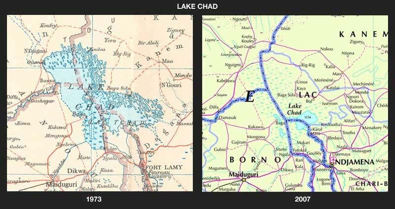 Cartographers have had to change their maps of Lake Chad to account for its shrinking shoreline 