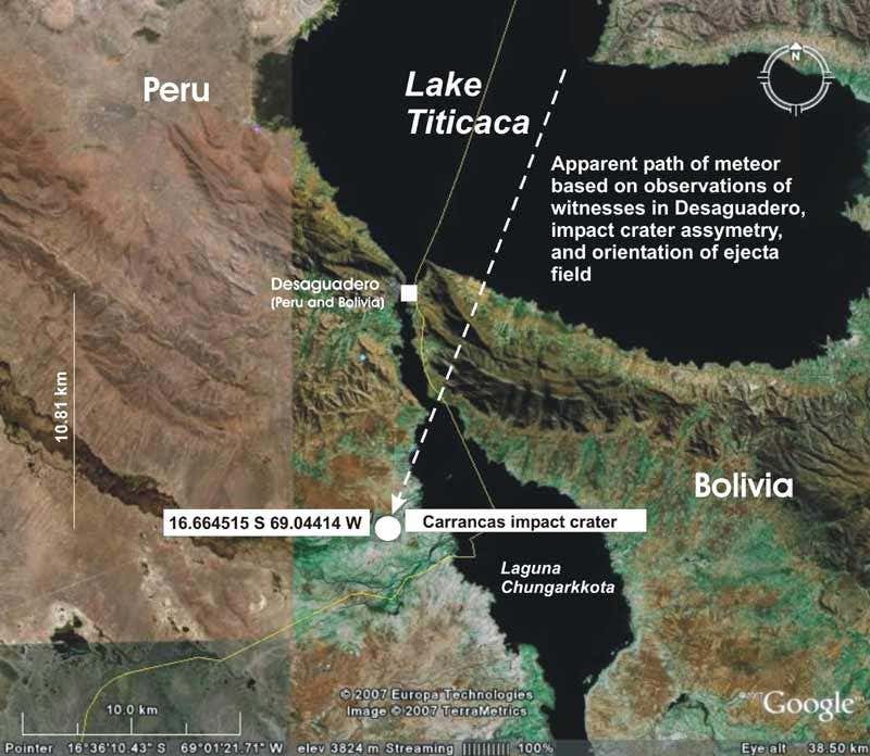 The meteorite came from the north-northeast and was bright enough to be seen in the middle of the day by residents of the city of Desaguadero (Illustration courtesy Lionel Jackson/Geological Survey of Canada)