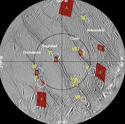 The sources of the icy jets are labelled with yellow roman numerals and hotspots with green capital letters 