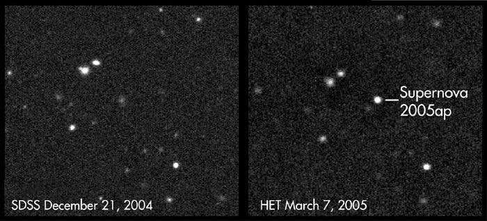 The brightest supernova ever identified appears as a bright spot in the frame at right. Its host galaxy is too faint to see in these images 