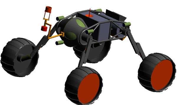 Electronics for the rover are contained at the front of the vehicle in a green sphere, which is only partly visible through gaps in the vehicle frame. Green cylinders represent cameras, and the red object at the front is a robotic arm that has science instruments mounted on it (Illustration: Shawn Krizan/NASA)
