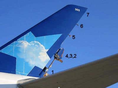 After the accident only 5% of the 8.2-metre (27-foot) rudder remained – fortunately the plane landed without serious problems 