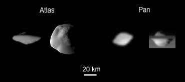 From left to right, Cassini imaged: Atlas's trailing hemisphere at a resolution of 1 km/pixel; Atlas's southern latitudes (leading hemisphere to the left) at a resolution of 250 m/pixel; Pan's trailing hemisphere at 3 km/pixel; Pan's equatorial region, with Saturn in the background, at 1 km/pixel 
