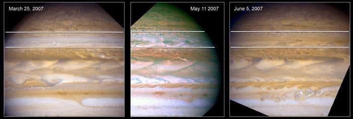 The Hubble Space Telescope reveals a disturbance that appears and fades in Jupiter's atmosphere between the two white lines after the eruption of two unusual storms