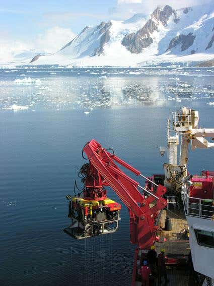 The ISIS ROV, lowered over the side of RRS James Clark Ross, has gone deeper into Antarctic waters than previous submersibles