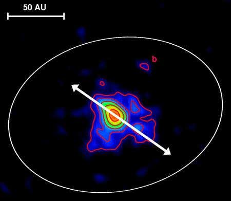 This false-colour image is a map of the radio emission from the region around the star HL Tau (centre). The candidate protoplanet (marked 'b') lies about 65 astronomical units (AU) from the star – for comparison, Pluto lies about 50 AU from the Sun 