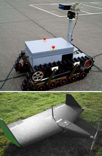 Surveillance footage from a high-flying unmanned plane will be used by the software that guides this smaller aircraft and the ground-based robot